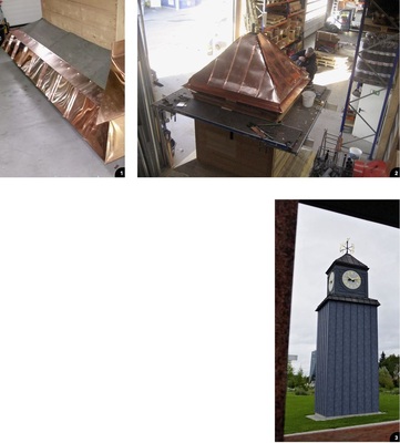 1 Die Kupferbekleidung am Gesims wurde nach historischer Vorlage ausgeführt<br />2 In der Werkstatt des Fachbetriebes Feder GmbH <br />3 Der rekonstruierte Uhrenturm am neuen Standort