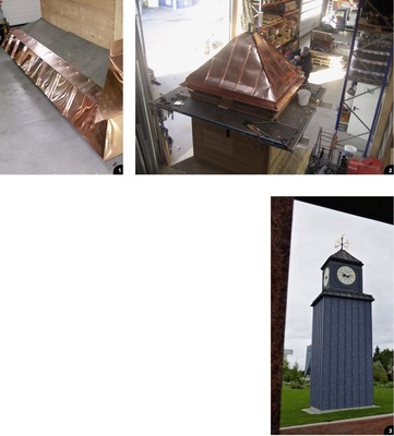 1 Die Kupferbekleidung am Gesims wurde nach historischer Vorlage ausgeführt2 In der Werkstatt des Fachbetriebes Feder GmbH 3 Der rekonstruierte Uhrenturm am neuen Standort