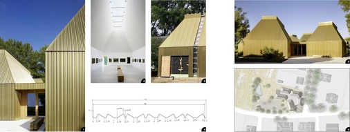 1 Die außergewöhnliche Profilstruktur wurde durch das Welltec-Verfahren der MN Metallverarbeitung Neustadt realisiert<br />2 Blick ins lichtdurchflutete ­Gebäudeinnere<br />3 Die Fassadenelemente wurden auf Z-Profilen montiert<br />4 Ungewöhnlicher Profilquerschnitt5 Die faszinierende Formen- und ­Materialsprache zeugt vom kaum bestreitbaren Gelingen dieses ­Bauvorhabens6 Das neue Kunstmuseum Ahrenshoop erinnert an eine Künstlerkolonie. Der Entwurf der Architekten wurde von einer alten, in der Re­gion aufgenommenen Fotografie inspiriert, die eine Gruppe gleichförmiger rohrgedeckter Gebäude zeigt, offensichtlich ein Gehöft mit unregelmäßiger Anordnung der einzelnen Baukörper