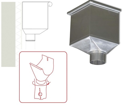 Der Prefa-Wasser­kasten ist mit ­einem ­außerhalb der Mitte platzierten Einlaufstutzen ausgestattet. Zur Notentwässerung lassen sich die Verpackungsschläuche der Prefa-Dachrinnen verwenden
