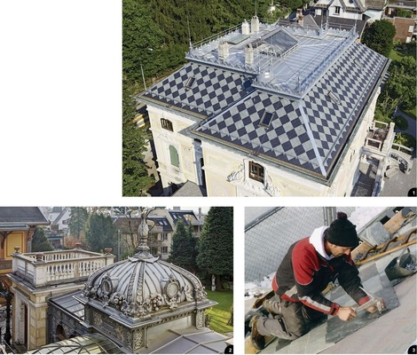 1 Die Dachlandschaft der Villa ­Patumbah zeigt das Metalldach mit Oberlicht, Dachausstieg und Kaminen. Das Steildach ist mit zweifarbigem Naturschiefer gedeckt. Unter dem Oberlicht lässt sich die innere Glaskuppel erkennen. Sie wölbt sich über dem Innenhof2 Der Mitteltrakt mit seinem Metallunterbau und dem üppigen Schmuck wurde bereits 1996 ­restauriert. Dabei konnten rund 90 % der ursprünglichen Zinkbleche erhalten bleiben3 Verlegung der Dachplatten aus Naturschiefer