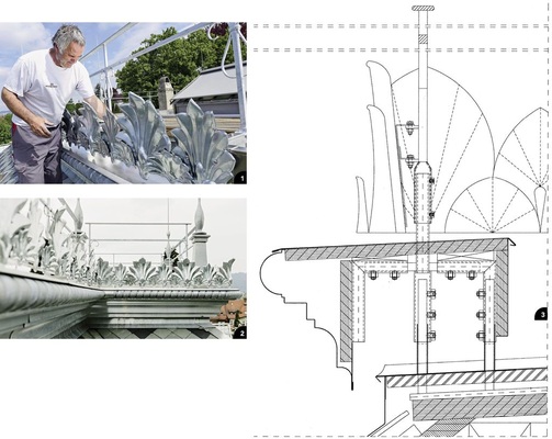 1 Montage der Palmetten an den Querträgern<br />2 Außenseite des Kranzaufbaus mit Wulststab. Die Eckpfosten mit Vasenelementen dienen als Sockel für die markanten Blitzfangstangen3 Komplexer Kranzaufbau mit Verankerungen, kastenförmigem Träger und Kranzwulst