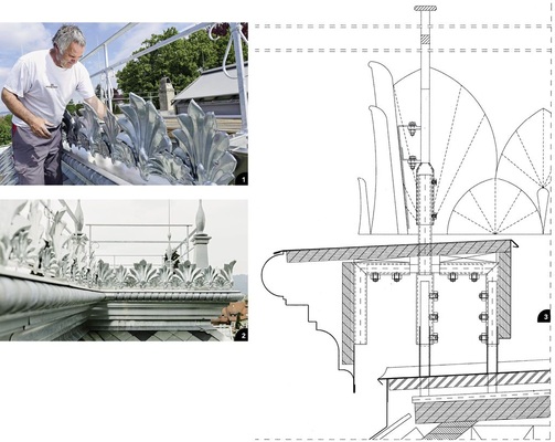 1 Montage der Palmetten an den Querträgern2 Außenseite des Kranzaufbaus mit Wulststab. Die Eckpfosten mit Vasenelementen dienen als Sockel für die markanten Blitzfangstangen3 Komplexer Kranzaufbau mit Verankerungen, kastenförmigem Träger und Kranzwulst