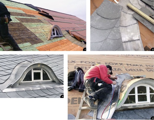 1 Die Fledermausgauben sind zur Eindeckung vorbereitet2 Detailansicht der Walzblei-Kehle 3 Mit 2,5-mm-Blei bekleidete Fledermausgaube4 Die Walzblei-Kehle wird verschweißt