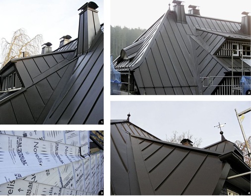 1 Das Dach hat fast alles zu bieten, was Klempner in irgendeiner Form anschließen können 2 Die anspruchsvolle Dachgeometrie beinhaltet Kehlen, Schornsteinverwahrungen, Seitenwandbekleidungen und verschiedene Gaubentypen3 Kehl-Labyrinth: Heute ist Falzonal-Farbaluminium fester Bestandteil des umfangreichen Prefa-Sortiments. Informationen zur Farbpalette und Lieferformen auf www.prefa.de. 4 Aufgrund der Dachschräge wurde ein Großteil der Fläche im Winkelstehfalzsystem gedeckt