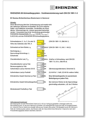 Beispiel für Vordimen­sionierung ­eines Rheinzink-Schneefangsystems