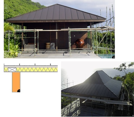 1 Dachkonstruktion von außen nach innen: #NB_SYMBOL[DOT]# 0,7 mm Aluminium-Doppelstehfalztechnik #NB_SYMBOL[DOT]# Trennlage #NB_SYMBOL[DOT]# 18 mm Sperrholz#NB_SYMBOL[DOT]# 50 mm Glaswolle #NB_SYMBOL[DOT]# Aluminiumfolie#NB_SYMBOL[DOT]# 6,0 mm Sperrholz #NB_SYMBOL[DOT]# Sparren2 + 3 Schadenfreies Doppelstehfalzdach