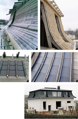 1 Zur Eindeckung vorbereitete Holzschalung 2 Exakt positionierte Holzleisten auf der Mansardenfläche3 Erstes Verlegemuster als Prototyp ...4 ... und die zuerst montierte Teilfläche 5 Das Wohnhaus profitiert von einem wunderschönen Metalldach