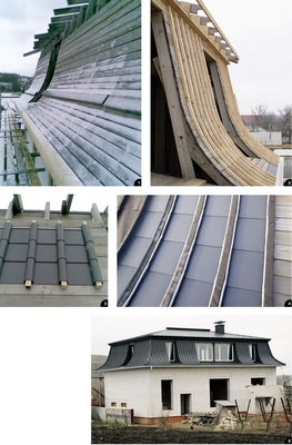 1 Zur Eindeckung vorbereitete Holzschalung <br />2 Exakt positionierte Holzleisten auf der Mansardenfläche<br />3 Erstes Verlegemuster als Prototyp ...<br />4 ... und die zuerst montierte Teilfläche <br />5 Das Wohnhaus profitiert von einem wunderschönen Metalldach
