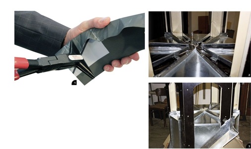 1 Tipp: Auf der Dach+Holz präsentierte M.A.S.C. eine ­neuartige Quetschfaltenzange. Die mit unterschiedlich schlanken ­Seitenbacken ausgestattete Zange eignet sich perfekt zur einfachen Herstellung verschiedener Quetschfalten2 Die Falze der Innenabdeckung wurde sternförmig angeordnet3 Die Durchführung des Glocken-Zugseils wurde fachmännisch eingelötet