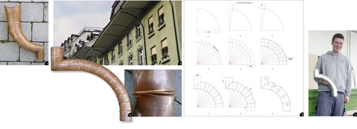 1 Konischer Schweizer Bogen 2 In kaum einer Stadt gibt es mehr Schweizer Bögen als in Bern. Aufgrund der großen Dachvorsprünge sind sie dort in reichhaltiger ­Formen- und Ausführungsvielfalt zu sehen3 Industriell hergestellte Rohrbögen werden einseitig eingezogen (gefaltet) 4 Schweizer Bogen in neun Schritten: Alle Abwicklungen stehen auf www.baumetall.de/extra zum kostenfreien Download bereit5 Der Auszubildende Markus Lang aus Seeg (Spengler-Fachbtrieb Dorn, Seeg) fertigte den besten Bogen der Kemptener Klasse an