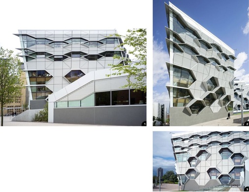 1 Die metallische Außenhaut prägt den Gebäudekomplex2 Das Zusammenspiel der profilierten Aluminiumhaut mit der wabenförmigen Flächenstruktur und den unregelmäßig angeordneten hexagonalen Verglasungen verleiht dem dreidimensionalen Fassadenaufbau eine technische Ästhetik3 Die individuelle sägezahnähnliche Profilierung der Aluminiumpaneele verfügt über eine schlanke Profilstruktur