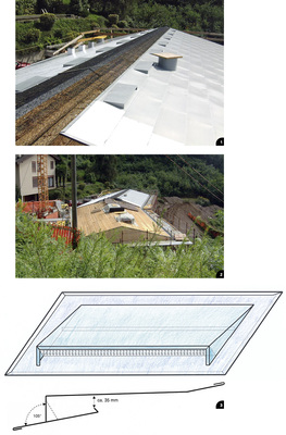 <p>1 Gut zu erkennen: Die Rheinzink-Rautendeckung, vorne noch mit Schutzfolie. Der belüftete Dachaufbau verfügt über Entlüftungs-öffnungen, eine strukturierte Trennlage vom Typ Enkavent und eine offene 27-mm-Holzschalung. Darunter befindet sich ein konventioneller Dachaufbau mit Konterlattung für die Lüftung, dichtem Unterdach, Wärmedämmung, Tragkonstruktion, Luftdichtsperre und Sichtdecke

</p>

<p>2 Das Dach während der Ausführung

</p>

<p>3 Speziell gefertigte Lüftungsraute und der Lüftungskasten

</p>