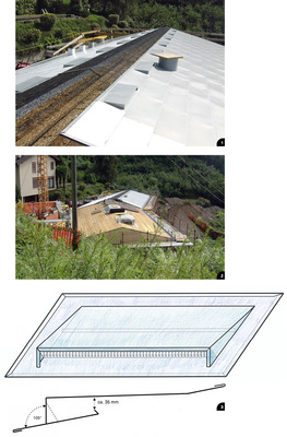1 Gut zu erkennen: Die Rheinzink-Rautendeckung, vorne noch mit Schutzfolie. Der belüftete Dachaufbau verfügt über Entlüftungs-öffnungen, eine strukturierte Trennlage vom Typ Enkavent und eine offene 27-mm-Holzschalung. Darunter befindet sich ein konventioneller Dachaufbau mit Konterlattung für die Lüftung, dichtem Unterdach, Wärmedämmung, Tragkonstruktion, Luftdichtsperre und Sichtdecke



2 Das Dach während der Ausführung



3 Speziell gefertigte Lüftungsraute und der Lüftungskasten

