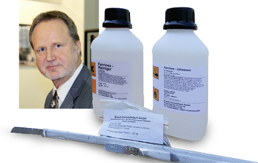 Neben dem bekannten Edelstahl-Flussmittel Ferrinox 4000 empfiehlt Gert Bröhl den Ferrinox-Reiniger sowie verzinnte Ferrinox-Edelstahlnieten
