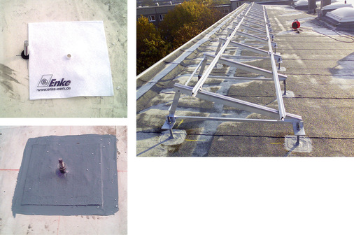 Durchbrüche und Anschlüsse, beispielsweise Konsolen zur Montage von Photovoltaikanlagen, können dank vorgefertigter Enke-Vliesformteile schnell und wirtschaftlich abgedichtet werden. Ebenso wie Enke den Einsatz einkomponentiger Flüssigkunststoffe sukzessive optimiert, sorgen die innovativen Vliesformteile als wesentlicher Bestandteil der Abdichtungssysteme Enkopur, Enkryl oder Enkolan für Langzeitsicherheit
