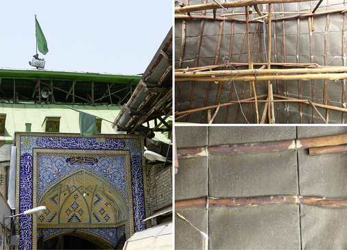 
Stehfalzdach einer Karawanserei von außen und von innen: Eine Schalung ist nicht vorhanden – die Haftstreifen sind lediglich um das Stammholz der Dachkonstruktion geschlungen und eingefalzt
