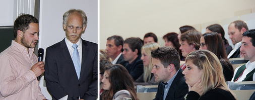 
Auf der Verabschiedung bittet Prof. Dr. Harald Krause (r.) EGT-Absolvent Johannes Bauer um einen kurzen Bericht über seine zukünftige Tätigkeit im elterlichen Spenglerfachbetrieb.Rund 25 frisch gebackene Energie-Ingenieure hören aufmerksam zu
