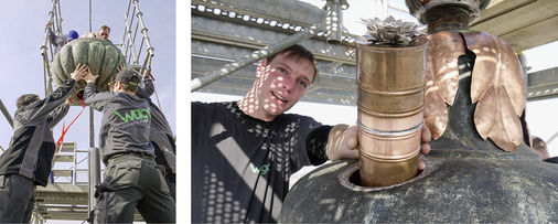 
Stolz: Die Montage der mit Zeitdokumenten beladenen Kirchturmkugel war der Höhepunkt 
