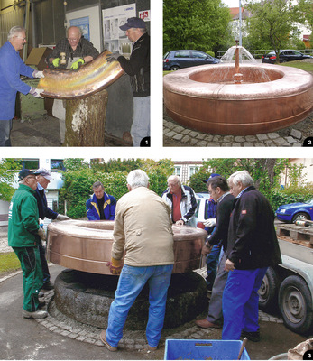 &nbsp;

1

Herstellung der gebogenen Kupfer-Abdeckungen

&nbsp;

&nbsp;

2

Das fertige Brunnenbecken beim Probelauf

&nbsp;

&nbsp;

3

Das Rat-&amp;-Tat-Team bei der Montage der Kupferbekleidung

&nbsp;
