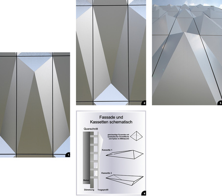 <p>
<p>
<span class="GVAbbildungszahl">1</span>
</p>

Variante 1 der Aluminium-verbund-Kassette
</p>

<p>
<p>
<span class="GVAbbildungszahl">2</span>
</p>

Variante 2 der Kassette mit matt glänzender Oberfläche
</p>

<p>
<p>
<span class="GVAbbildungszahl">3</span>
</p>

Räumliche Ausdehnung: rund 20 cm Höhendifferenz im Relief
</p>

<p>
<p>
<span class="GVAbbildungszahl">4</span>
</p>

Schema der vorgehängten, hinterlüfteten Fassade
</p>