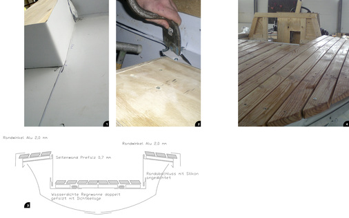 

Beim Herausfalzen der Wanne sowie beim Hochfalzen mit Eckfalz wird Klempnertechnik eingesetzt




Mit dem Schaleisen in Aktion: Die Falzarbeiten sind anspruchsvoll – auf unnötige Einschnitte wird verzichtet 




Professioneller Falzplan zur Herstellung der Regenwanne




Das hölzerne Deck: Darunter verbirgt sich die Klempner-Leistendeckung aus Prefalz-Aluminium
