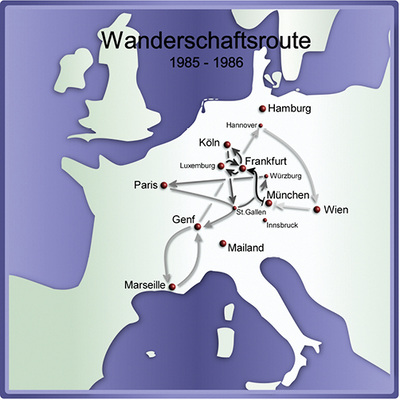 
Die wichtigsten Stationen der Wanderschaft: Peter Bruckmoser reiste durch sieben europäische Länder und besuchte zahlreiche Städte
