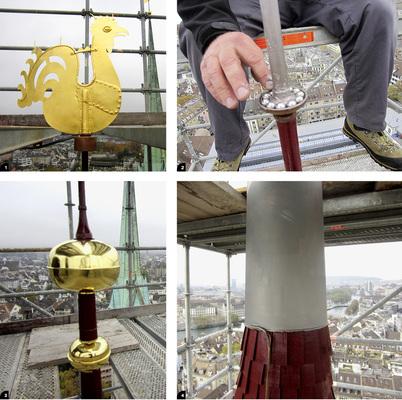 

1


Der 70 cm hohe Hahn wurde aufgefrischt und neu vergoldet. Zusätzliche Spitzen auf der Brücke zwischen Hals und Federn sollen Vögel abhalten, dort Platz zu nehmen




2


Das Büchsenlager erhielt neue Kugeln




3


Der obere Kugelknauf enthält die Dokumente




4


Der Dachhelm verjüngt und rundet sich zur Spitze, auf die das Turmspitzblech gestülpt wird (hier noch mit grauer Unterlackierung)
