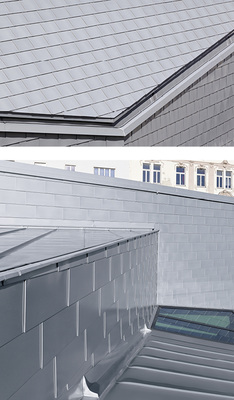 
In geneigten Dachbereichen und an der Fassade kamen Großrauten, auf den flach geneigten Dachflächen Stehfalzscharen zum Einsatz
