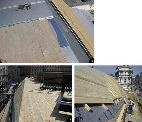 

1


Auf der Stahlbetonkonstruktion liegen Dampfbremse, hinterlüftete Holzkonstruktion mit zwischenliegender Wärmedämmung und Unterdach, Holzschalung und Titanzink




2


In den flach geneigten Dachbereichen wurde auf der Holzschalung die Rheinzink-Strukturmatte Air-Z eingesetzt




3


Die Grundrinne des zweiteiligen Rinnensystems besteht aus Holzschalung und EPDM-Abdichtung

