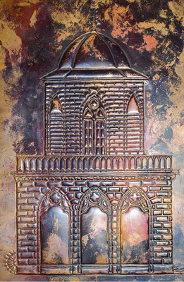 
Die von Hand getriebene Metalltafel zeigt die Potsdamer Gotische Bibliothek, an der Matthias Weber das Dach denkmalgerecht mit Kupfertafeln deckte
