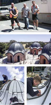 




1


Bodo Hinz, Juerg Wilk (beide ARC) und Christian Kaufung 




2


Rheinzink-Kuppeln einer orthodoxen Kirche in Melbourne




3


Die Falze sind konvex und konkav geschwungen 




4


Christian Kaufung falzt Rheinzink-pre-Patina schiefergrau
