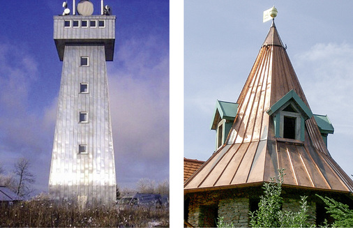 
Michael Messerschmidt zeichnet sich unter anderem durch termintreue Anfertigung und Montage von Metallprofilen für Dach und Fassade aus. So erledigte der Betrieb beispielsweise seine Klempnerarbeiten für den abgebildeten Aussichtsturm innerhalb von lediglich sechs Wochen. Das Kirchturmdach wurde innerhalb von zwei Wochen fertiggestellt
