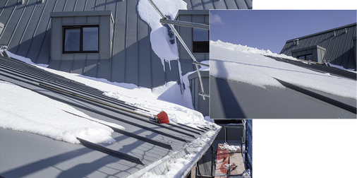 
Während der Ausführung der Klempnerarbeiten waren die Dachflächen an zahlreichen Tagen schneebedeckt
