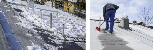 
Vor Arbeitsbeginn mussten die einzudeckenden Dachflächen immer wieder vom Schnee befreit werden. Die Eindeckung selbst erfolgte oft bei Minustemperaturen
