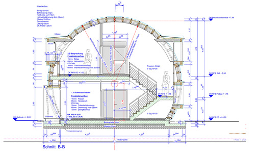 Die Schnittzeichnung aus einer frühen Planungsphase zeigt den grundsätzlichen Aufbau des Gebäudes. Einige Ausführungsdetails wurden in intensiver Zusammenarbeit zwischen Architekt und Spengler später optimiert