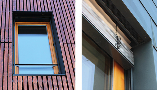 <p>Die Laibungsprofile aus Prefa-Aluminium in P.10 Qualität – hier an der Holzfassade sowie an den Fensterlaibungen und Simsen</p> - © Bruno Rösch für Prefa