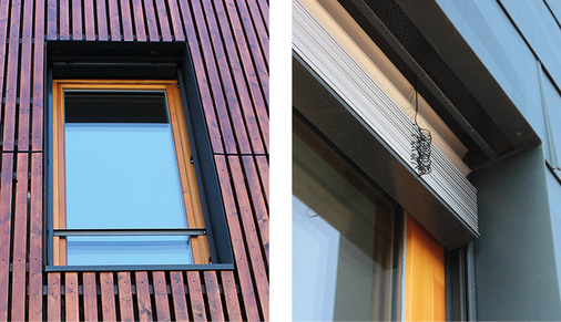 Die Laibungsprofile aus Prefa-Aluminium in P.10 Qualität – hier an der Holzfassade sowie an den Fensterlaibungen und Simsen

