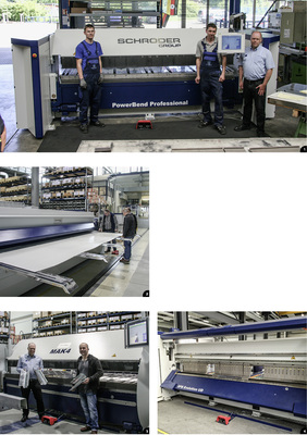 




1


Schrag-Werk in Dresden, Bereich Bauklempnerei: Bernd Wurmbach (Technischer Leiter der Schrag-Unternehmensgruppe, r.) ist seit der Lieferung einer PowerBend Professional von der Leistungsfähigkeit der Schröder-Schwenkbiegemaschine überzeugt




2


Schrag-Werk Berlin: Die Schwingschnitttafelschere MSS Duo-Cut (4000 x 4,0 mm) von Hans Schröder Maschinenbau kommt in der neuen Berliner Niederlassung der Schrag Bauklempnerei- und Bedachungsartikel GmbH zum Einsatz




3


Bernd Wurmbach und Klempnermeister Andreas Heinisch, Verkauf bei Schrag Bauklempnerei- und Bedachungsartikel GmbH, bei der Abnahme der MAK 4 (4000 x 5,0 mm) für die Niederlassung Berlin




4


Schrag-Werk in Chemnitz: Der Werkzeugwechsel für das nächste Los erfolgt bei der SPB Evolution UD (4000 x 3,0 mm) vollautomatisch
