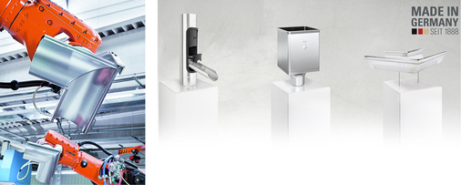 
Der Design-Rinnenwinkel gehört ebenso wie die ausgezeichnete Design-Wasserklappe (l.) und der Design-Rinnenkessel (Mitte) zu einer Reihe neuer Grömo-Produkte
