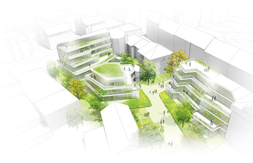 
Der Gebäudekomplex Capitol Rosenheim mit begrüntem Freibereich
