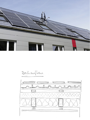 <p>
Auf der nach Süden zugewandten Dachhälfte wurden auf den Aluminium-Dachplatten Sonnenkollektoren und die Photovoltaikanlage installiert
</p>