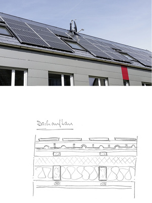 
Auf der nach Süden zugewandten Dachhälfte wurden auf den Aluminium-Dachplatten Sonnenkollektoren und die Photovoltaikanlage installiert
