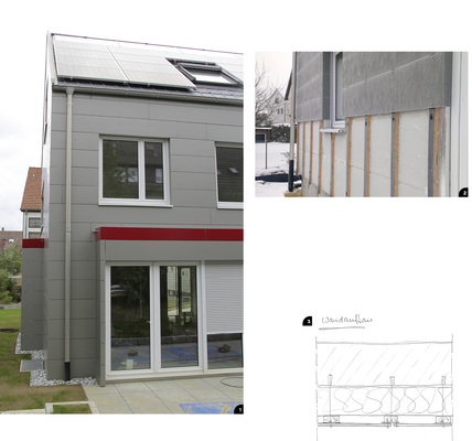 

1


Hinter den direkt befestigten Aluminiumverbund-platten verborgen …




2


… sorgen aluminiumkaschierte PUR-Platten aus dem Hause Linzmaier für entsprechenden Wärmeschutz




3


Wandaufbau von außen nach innen: Prefa-Verbundplatte rauchsilber und rubinrot, Holz-Unter-konstruktion und Belüftungsebene, Kalksandstein
