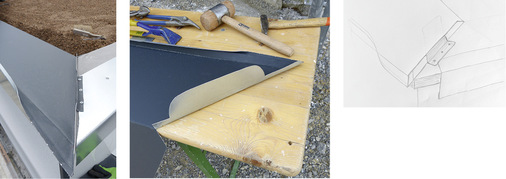 &nbsp;

1

Das überstehende Material wird zu einer Befestigungs-zunge geformt. Die Außenecke wird mittels Schrauben direkt befestigt

&nbsp;
