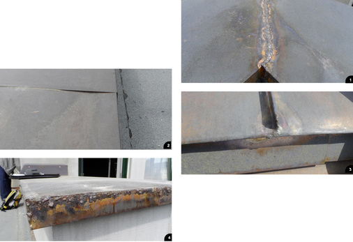 

1


Hartgelötete Innenecke einer Attikaabdeckung aus Kupfer




2


Fragwürdiger „Dehndeckel“ an der Attikaabdeckung




3


Hart gelöteter Stehfalzabschluss an der stehend eingeführten Traufe 




4


Hartlotwarzen am Attika-Bodenstück



