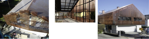 

1


Die Bekleidung der Giebelfläche aus der Vogelperspektive




2


Die Terrasse mit der fertigen Stabfassade, von innen betrachtet. Das gläserne Terrassendach und die Stahlkonstruktion sind zwischen den Kupferstäben erkennbar




3


Nach der Sanierung: Das fast vollständig mit Kupferstäben bekleidete Gebäude wirkt wie ein Neubau
