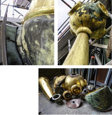 

1


Materialermüdung: Der Befestigungspunkt des Kreuzes musste überarbeitet werden




2


Vom Sturm beschädigtes Turmkreuz




3


In zahlreiche Einzelteile zerlegt warten Turmkreuz und Sockel auf die fachmännische Rekonstruktion bzw. Reparatur durch das Team der Lorenz Sporer Spenglerei und Metallornamente GmbH 
