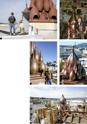 

1


Bereits im August 2013 starteten die Besichtigung der Türme und die Vermessung der Plastiken. Hans Liebscher begutachtet den Hershey-Turm vor der Instandsetzung




2


Hans Liebscher mit einer gehämmerten Tropfenplastik aus Kupfer für den Hershey-Turm (hinten), und einem Tropfen aus dem Ensemble der Kuppel, die dem Taj Mahal ähnelt (vorn)




3



4


+ Hans „Copperman” Liebscher fertigte 20 tropfenförmige Plastiken für den Hershey-Turm des Old Vedanta Temples in San Francisco




5


Die Mitarbeiter beim Installieren der rekonstruierten Tropfenplastiken aus Kupfer. Rechts ist die unvollständige Kupferbe-kleidung eines Schirmdachs zu erkennen
