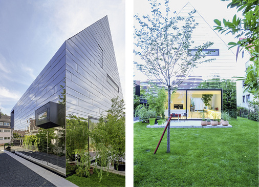 
Dunkle Fenstereinrahmungen sorgen an Fassade, Dach und den großen Glaselementen im Erdgeschoss für Kontraste
